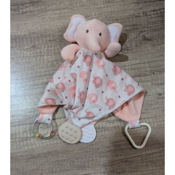 Modern Baby Elephant Security lovey Blanket Teether Toy Pink & White 12" - Picture 3 of 7
